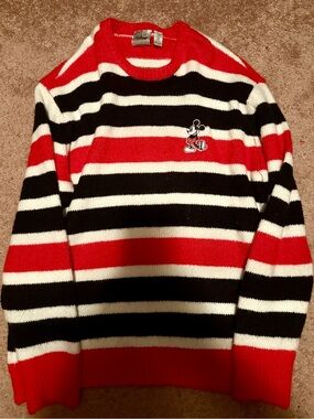 Forever 21 Red, Black & White Striped Crewneck Sweater with Embroidered Mouse